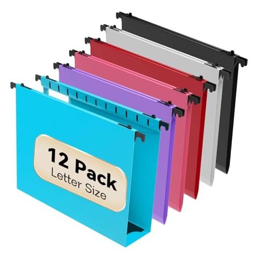 Extra Capacity Plastic Hanging File Folder Letter Size,12 Pack Multicolor