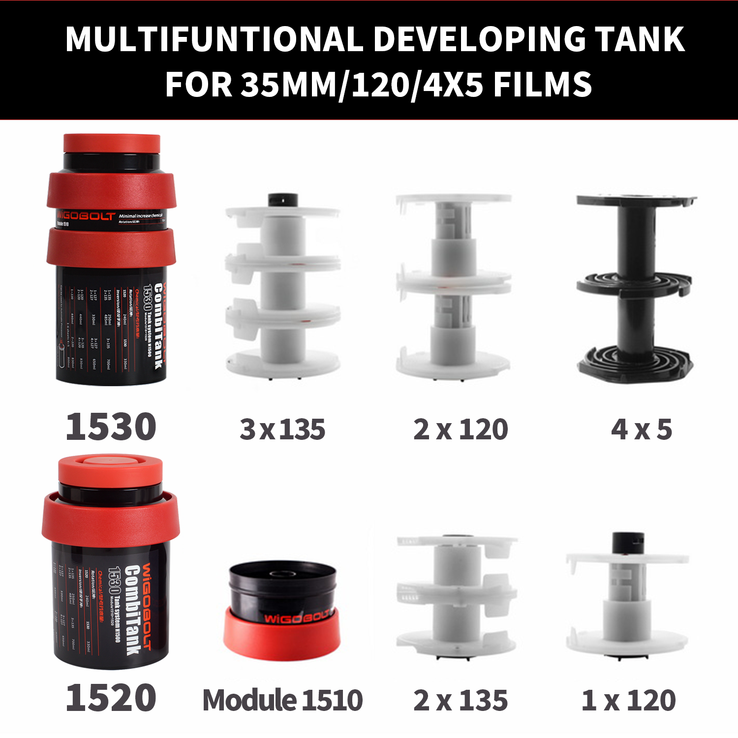 Developing Tank 3 Spirals 120 135 4x5 B&W film Negative Darkroom Processing