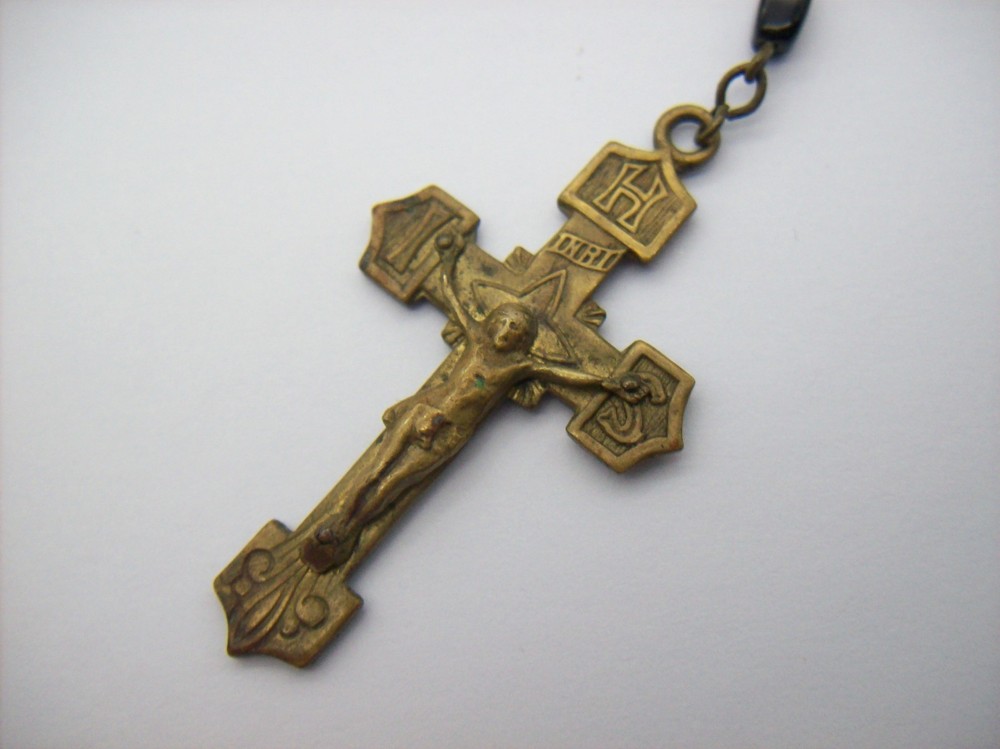 Vintage Catholic Rosary Black Beads Brass Crucifix Made in Czechoslovakia