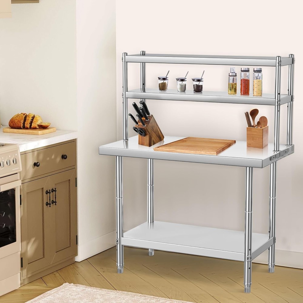 Stainless Steel Work Table with 2 Removable  Adjustable Upper&Lower Shelves