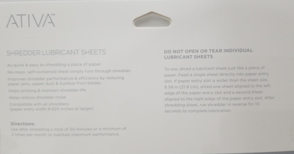 Ativa Shredder Lubricant Sheets 12 Counts