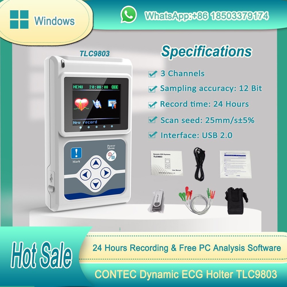 TLC9803 24 Hours 3 Channels Dynamic ECG/EKG Holter with Free PC  Software