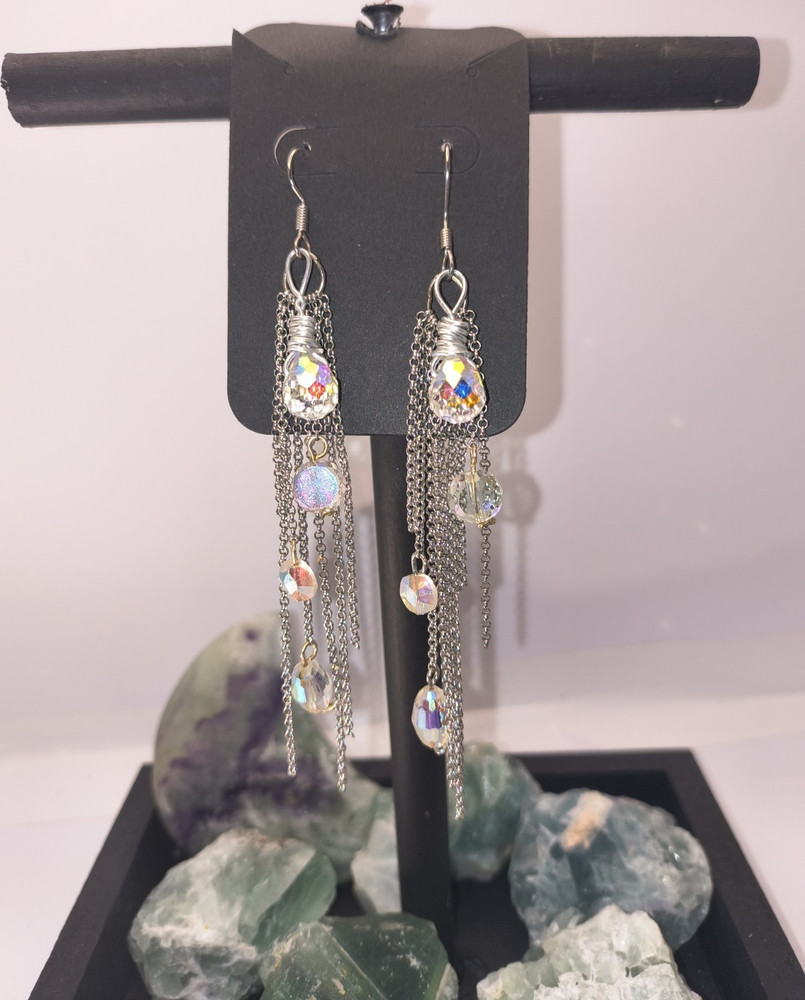 Handcrafted Beaded Dangle Earrings Glass Multicolor Silver Hook Asymmetrical