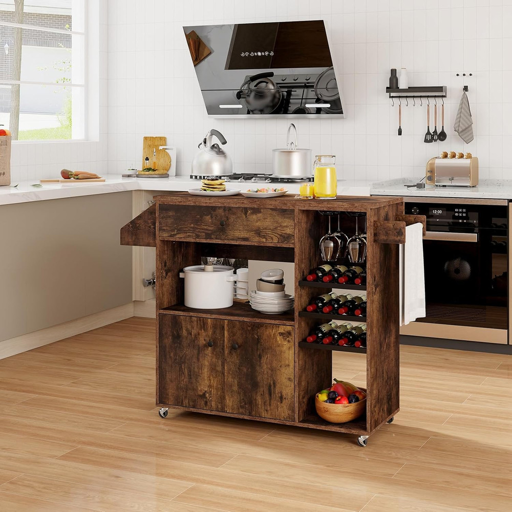 Rustic Brown Rolling Kitchen Island Cart with Drop Leaf & Storage Solutions