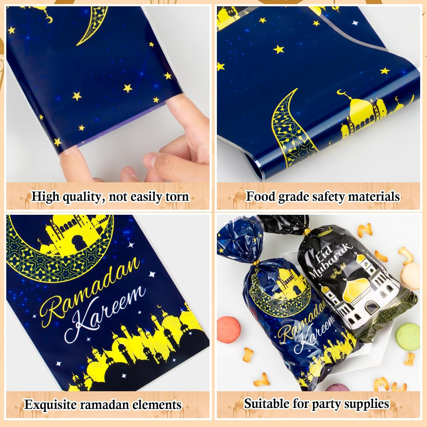 Eid Mubarak Cellophane Treat Bags, 100Pcs Ramadan Plastic Clear Goodie Bags with