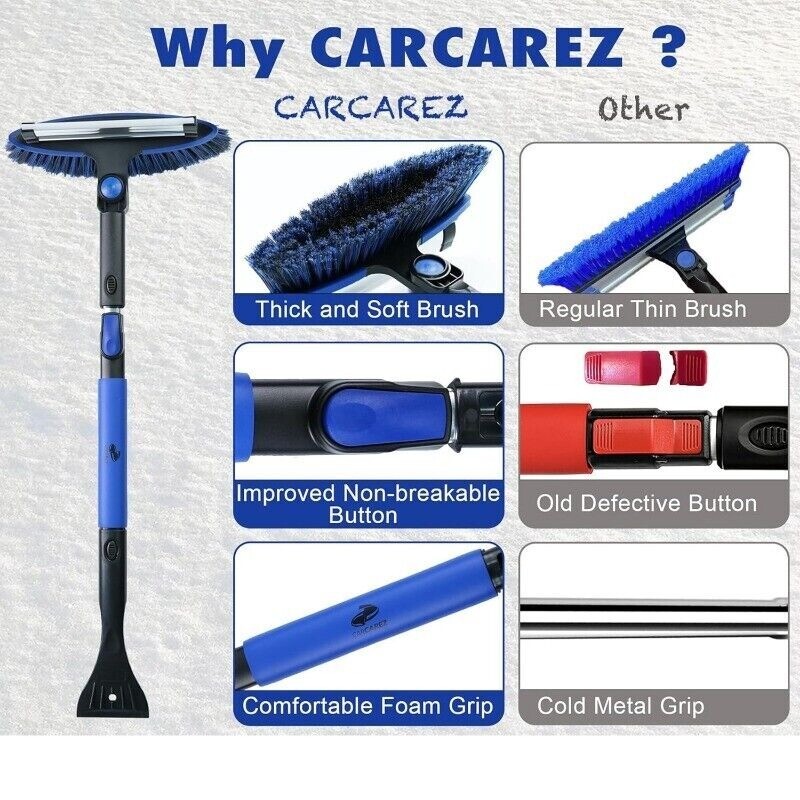CarCarez 3-IN-1 Snow Brush with Ice Scraper Extendable for Car SUV Foam Grip
