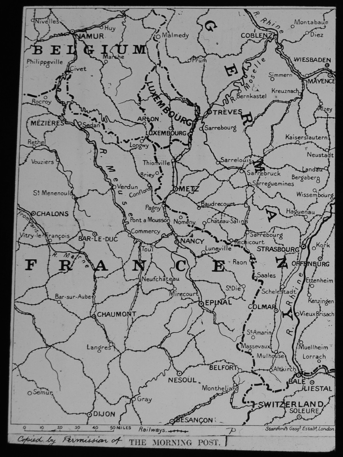 WW1 WAR MAP SHOWING GERMAN AND FRENCH FRONT LINES Magic Lantern Slide
