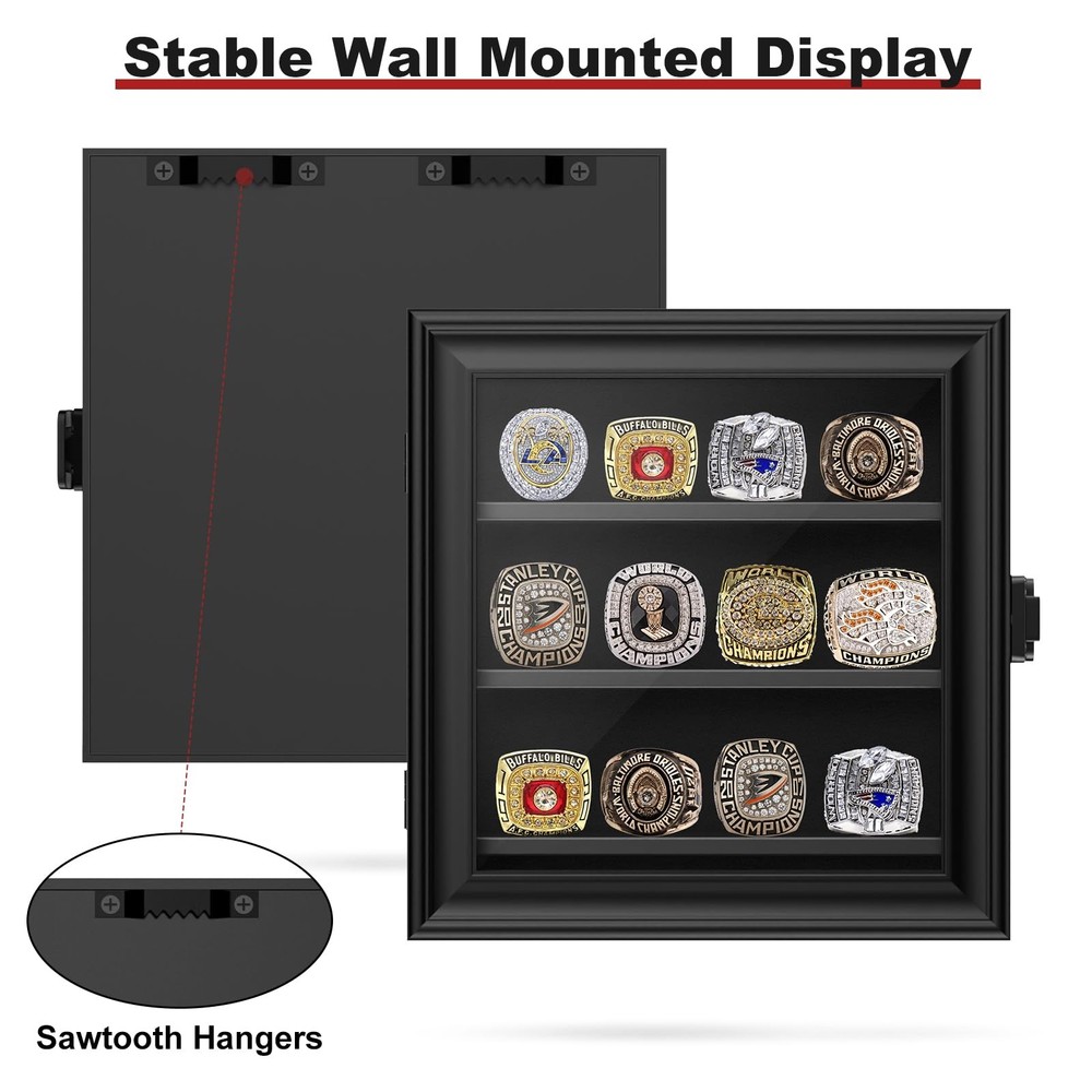 Championship Ring Display Case, 12 Posts 12 Posts-Rectangle, Black