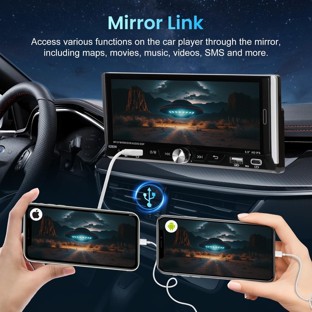 6.86' Single Din Touchscreen Car Stereo with Wireless Apple Carplay Android Auto