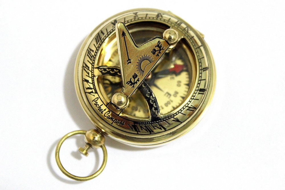 Brass Push Button Direction Sundial Compass - Pocket Sundial Compass Rustic V...