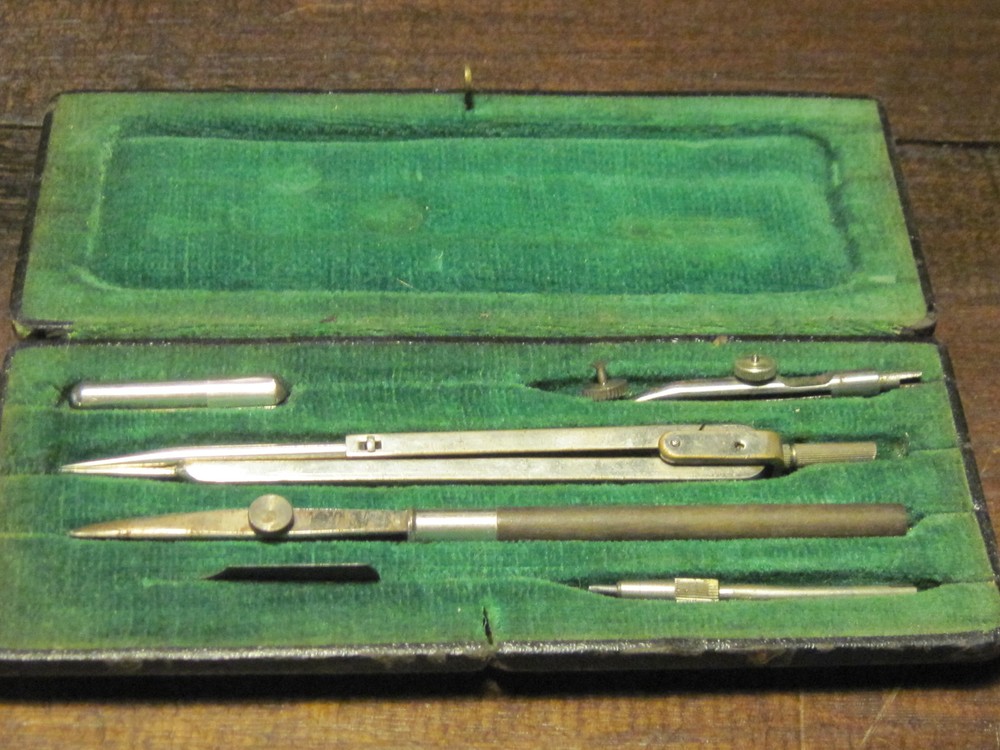 Antique drafting tools in original case