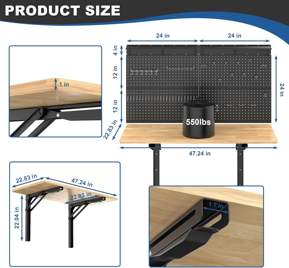Folding Wall Mounted Workbench with Pegboard Organizer for Garage & Workshop