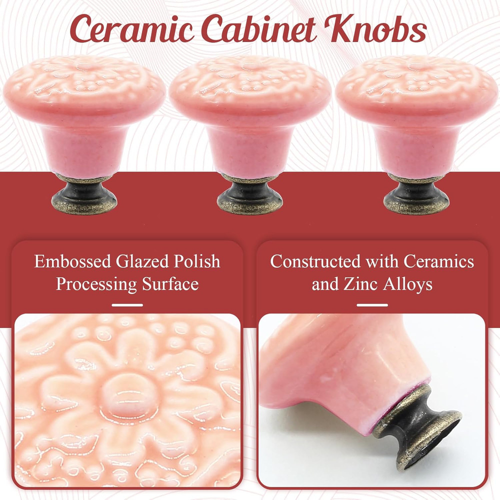 8pcs Pink Vintage Ceramic Kitchen Cabinet Knobs & Pulls - Retro Drawer Handles f