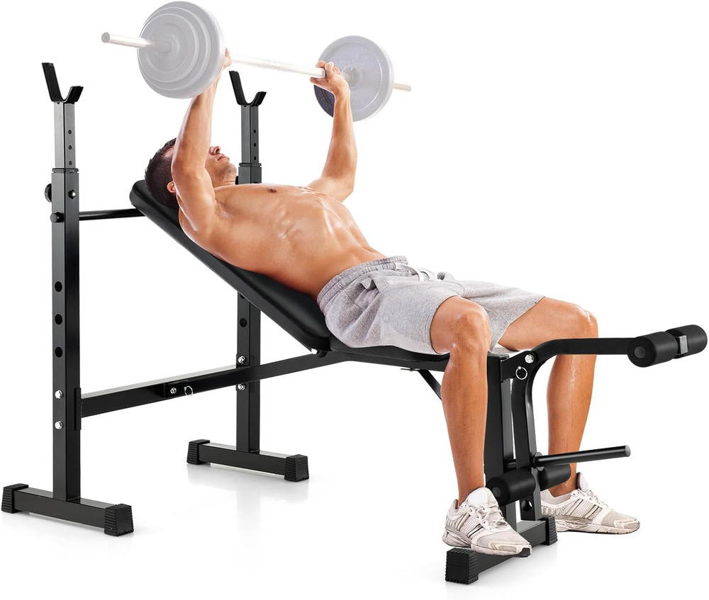 Adjustable Weight Bench, Foldable Weight Bench with Squat Racks, Leg Extension &