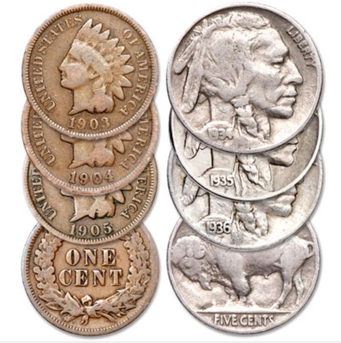 6 COIN LOT ~ 3 Indian Head Cents ~ 3 Buffalo Nickels ~ FULL DATE US Coins