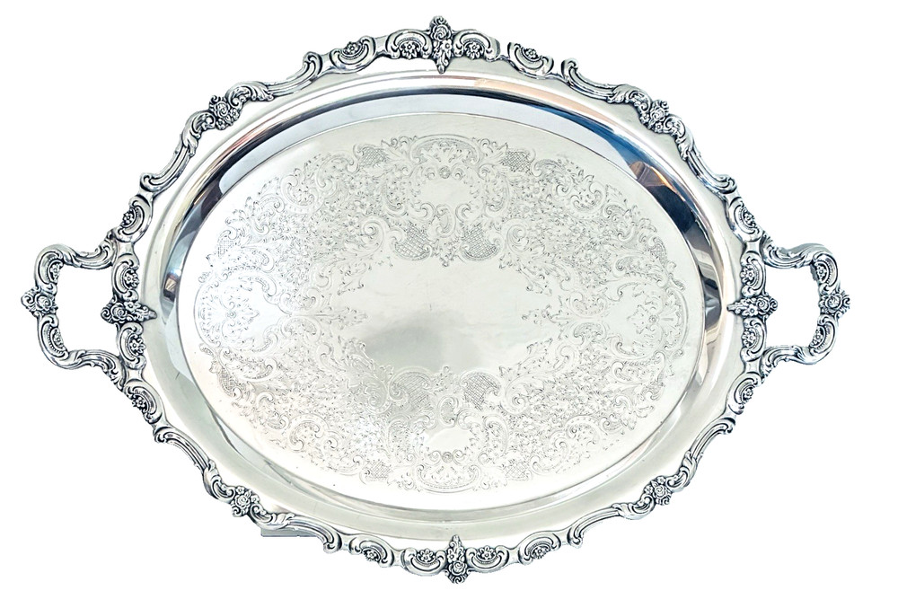 Vintage Towle Silverplate 30" Oval Baroque Footed Butler Serving Platter Tray