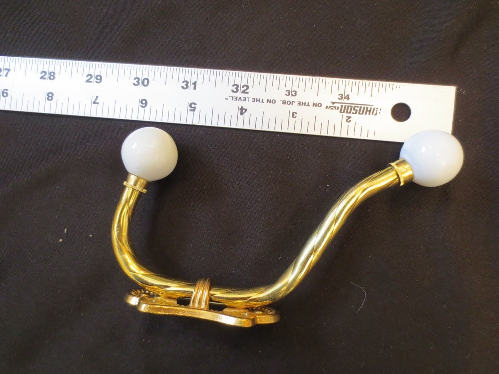 New Vintage Solid Brass 2 Hook Coat Hanger Porcelain Knobs and Screws