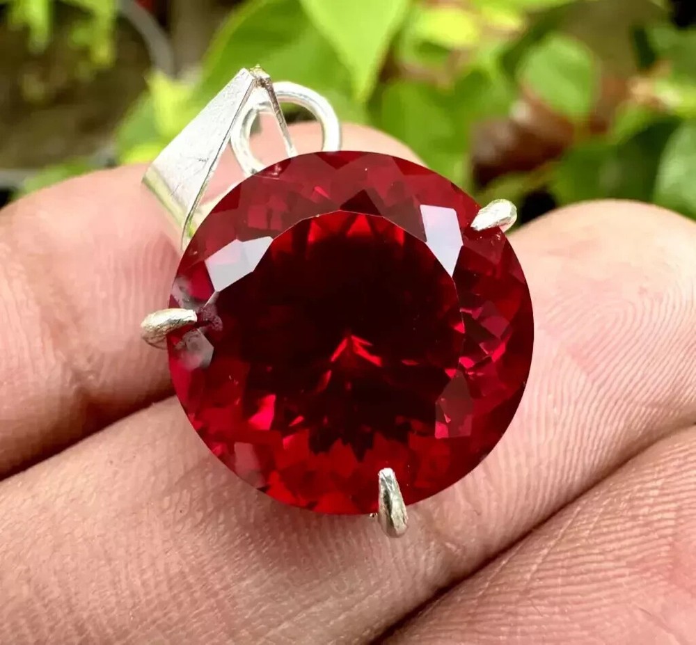 Natural Red Ruby Round Certified 24 CT Loose Gemstone 925 Solid Silver Pendant