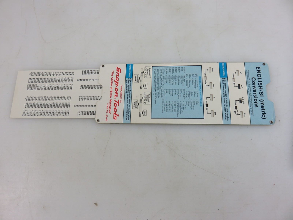 Snap-On Universal English/SI METRIC Datalizer Conversion Slide Chart Tool