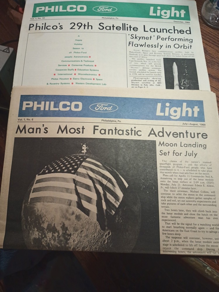 2 Original 1969 Philco Light Newspapers Apollo 11