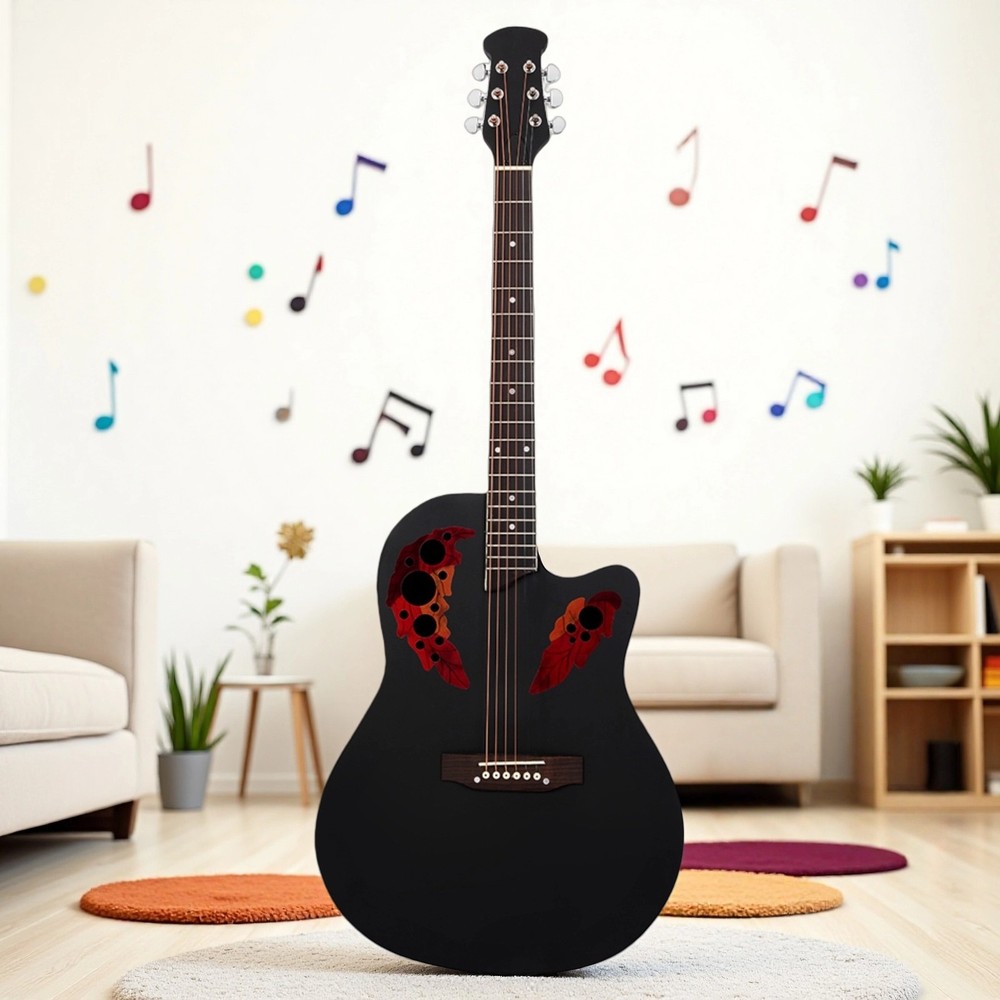 41" Solid Spruce Top Beginner Acoustic Guitar Set - Roundback Cutaway Black