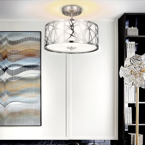 3-Light Semi Flush Mount Ceiling Light, 12.6" Drum Light with Brushed Nickel