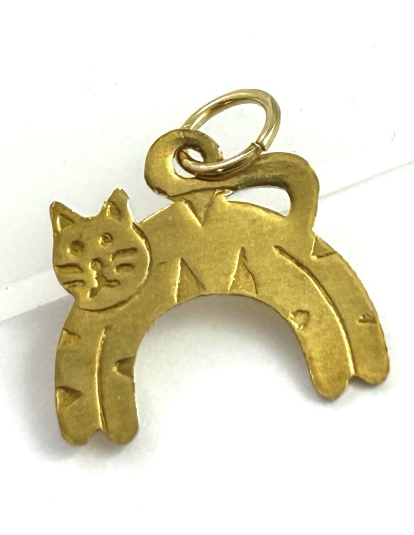 Vintage Cat Charm Necklace Pendant Kitten Kitty Vintage Jewelry Etched Brass