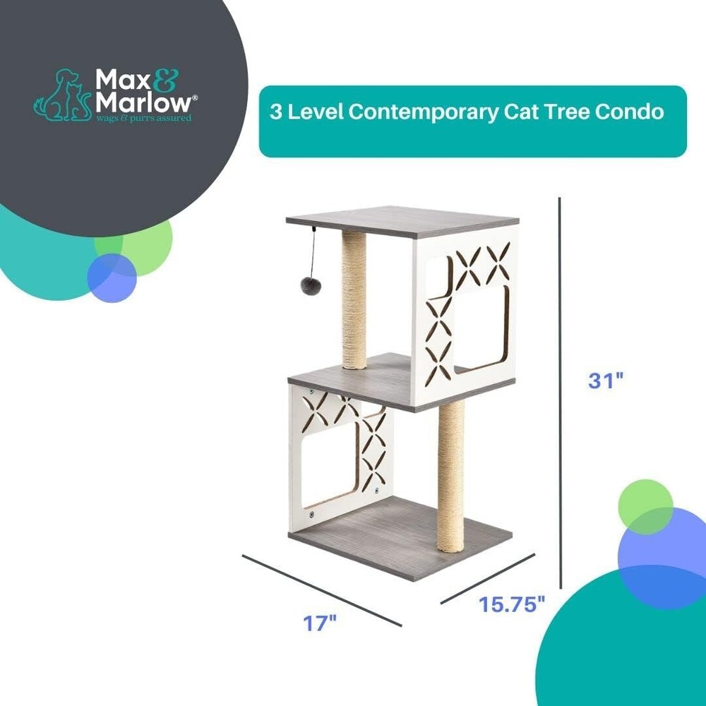 Multi-Level Contemporary Cat Tree 31" Features 2 Sisal-Covered Scratching Posts
