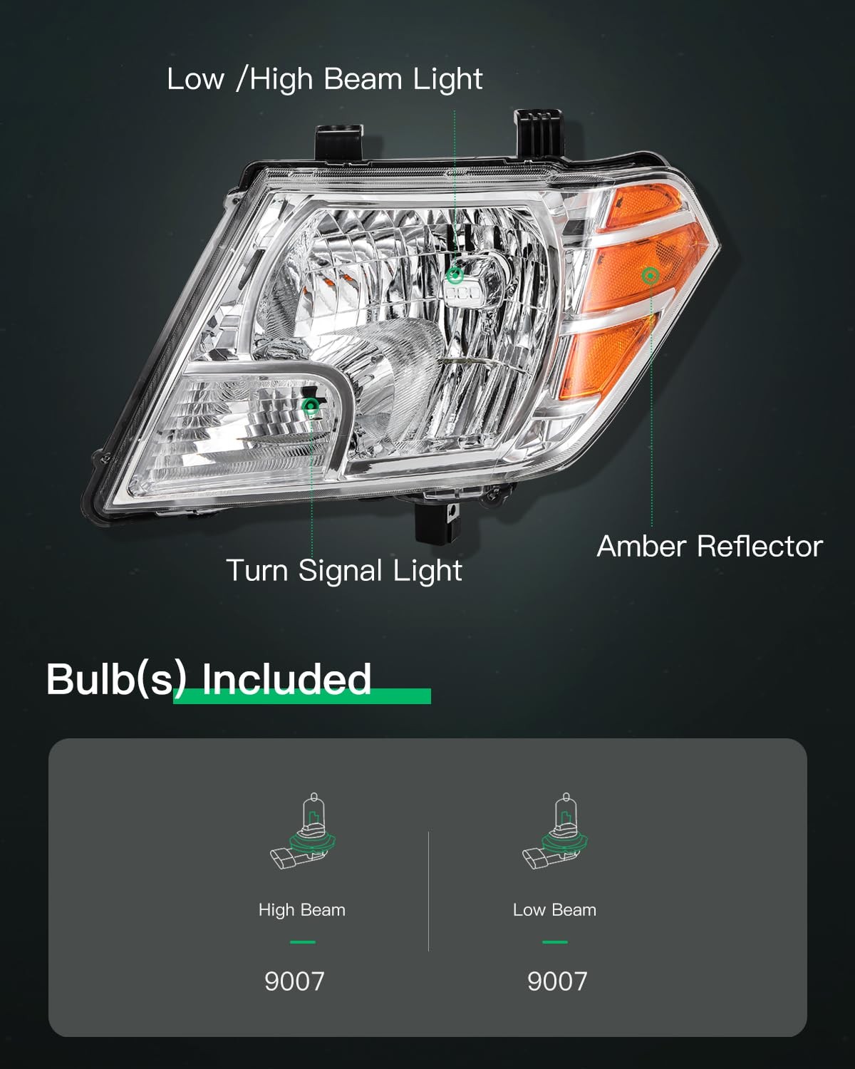 Headlight Assembly For Nissan Frontier Chrome Housing Amber Reflector