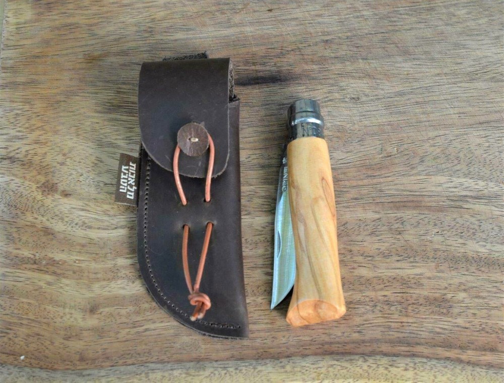 Opinel 8 olive pocket knife + Handmade Leather Sheath