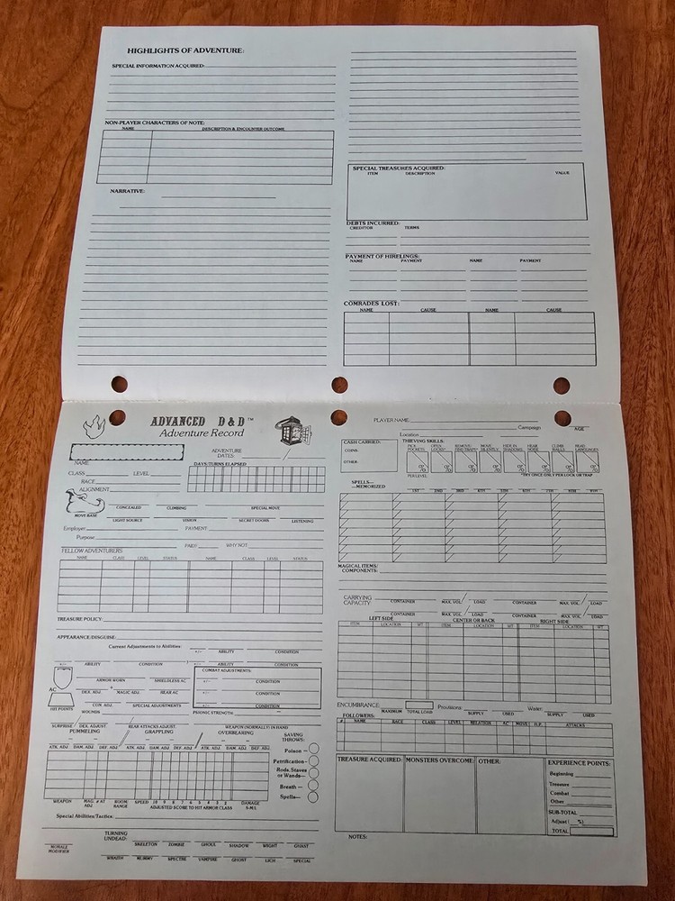 AD&D Adventure Record Double Sheets from Permanent Character Folder 9029 TSR