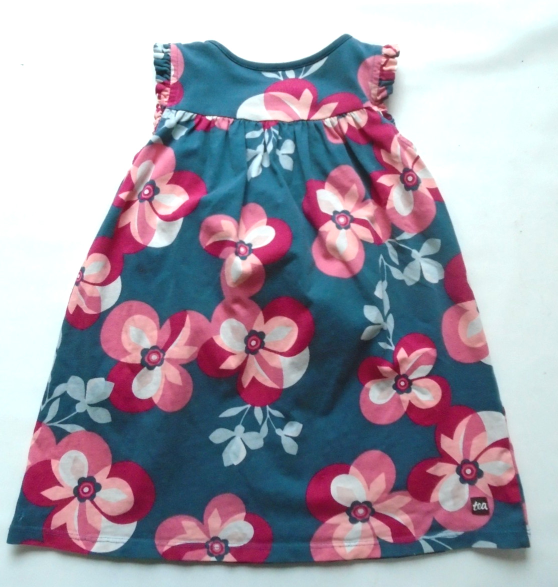 Tea Girls Size 4 Teal Blue w/Pink & White Flowers Cap Sleeve Cotton Dress