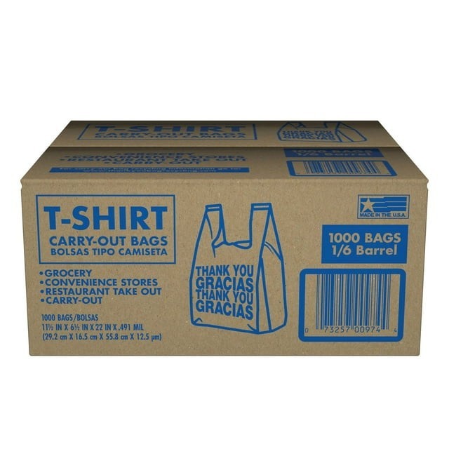 T-Shirt Carry Out Bags  11.5" x 6.5" x 22" 1,000 Counts.