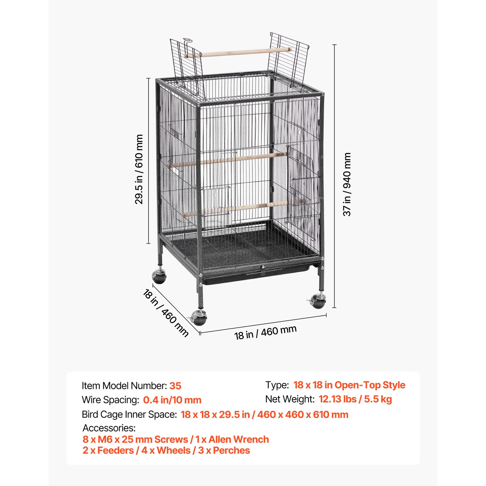 Uimoso Bird Cage with Open Flat Top, 18 x 18 x 30 inch, Wrought Iron Design