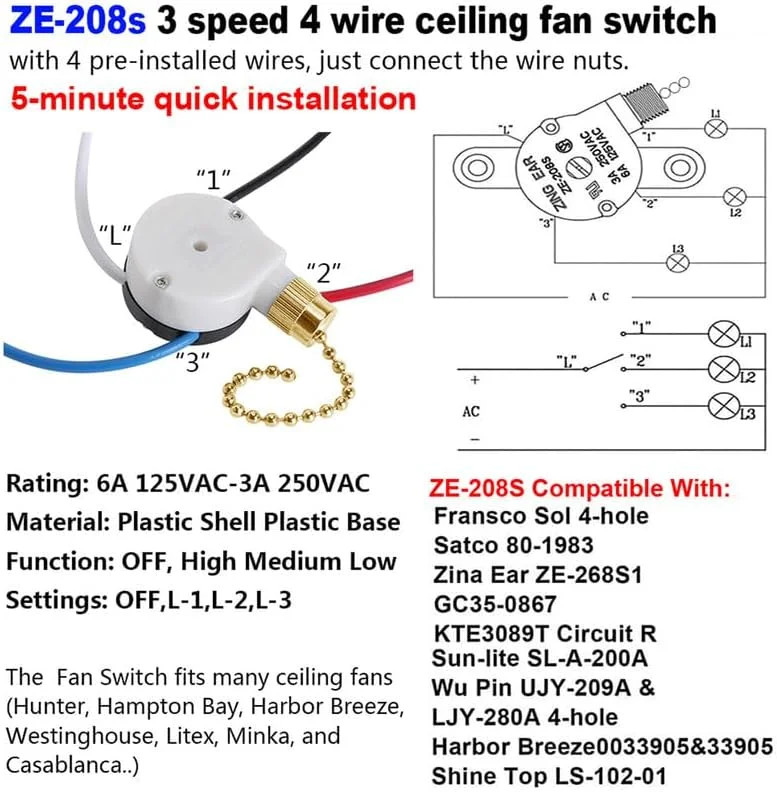 Ceiling Fan Switch ZE-208s E89885 - 3 Speed 4 Wire Fan Light Switch Replacement