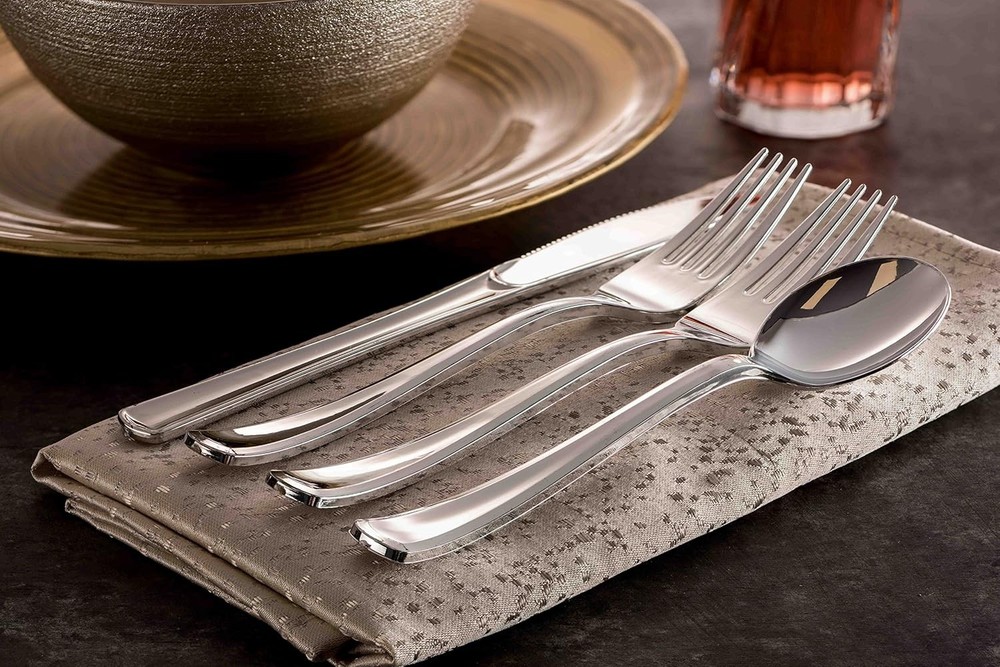 Plastic Silverware Set- Silver Flatware Set- Heavy Duty Cutlery Set Bulk Combo