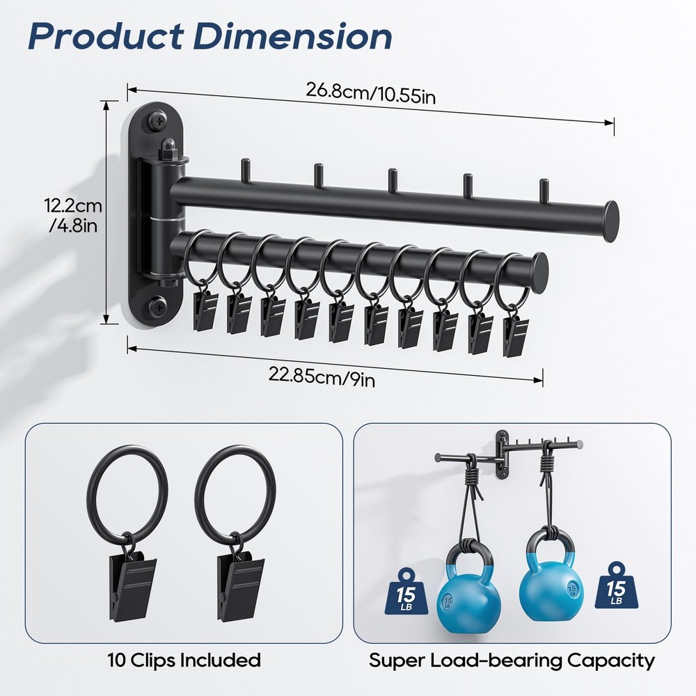 Wall Mounted 2Tier Laundry Drying Rack Swing Arm Foldable Hanger 10 Clips