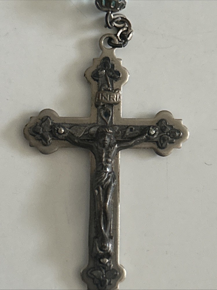 Vintage Rosary 23.5" Faceted Glass Rectangular Light Blue Beads