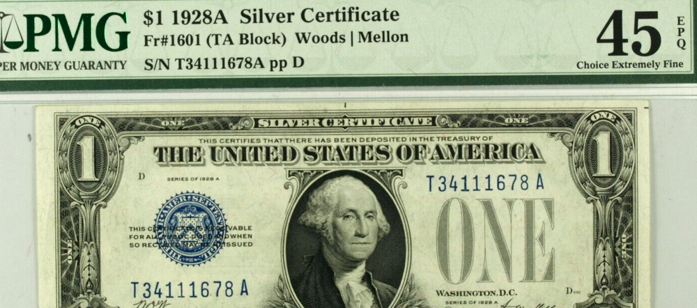 PMG45 EPQ 1928A 1$ Silver Certificate TA BLOCK 1678A