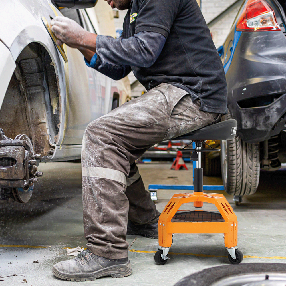 Rolling Garage Workshop Stool Adjustable Height Padded Creeper Seat w/Tool Tray