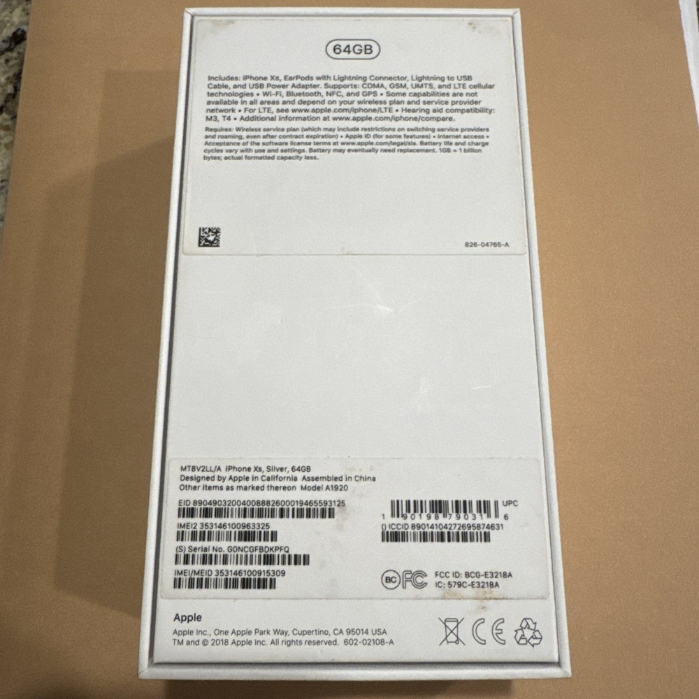 Apple iPhone XS Silver 64GB A1920 BOX ONLY