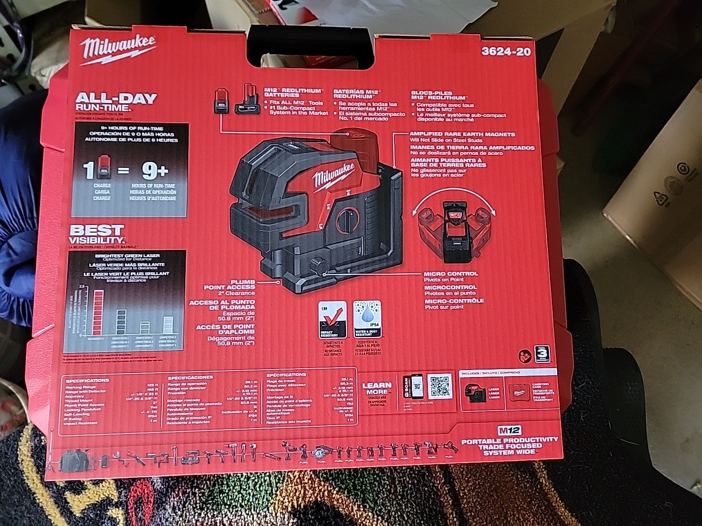 Milwaukee 3624-20 M12 12V Cordless Green Cross Line & 4-Points Laser