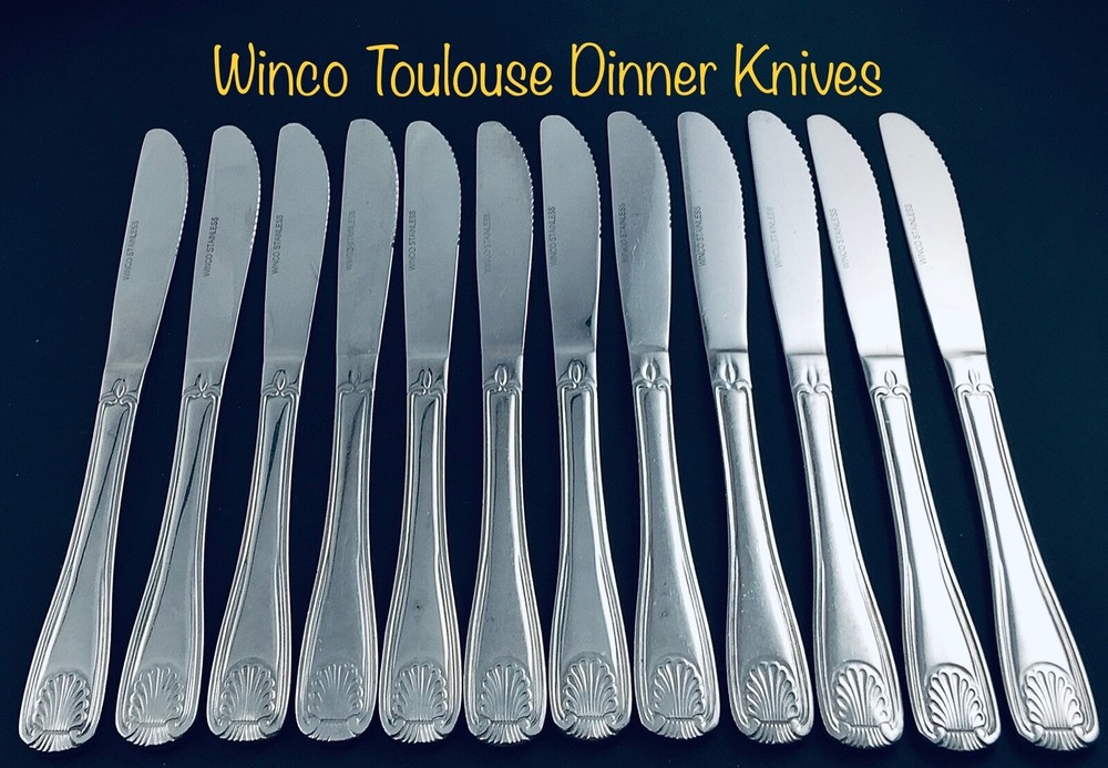12 WINCO TOULOUSE 1-7 SHELL SOLID DINNER KNIVES 2.7oz FIDDLE HVY DUTY STAINLESS
