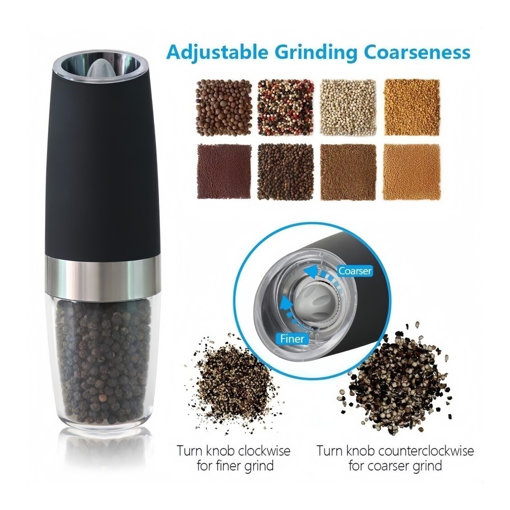 2 Pack Gravity Electric Salt and Pepper Grinder Mill Shaker Adjustable Automatic