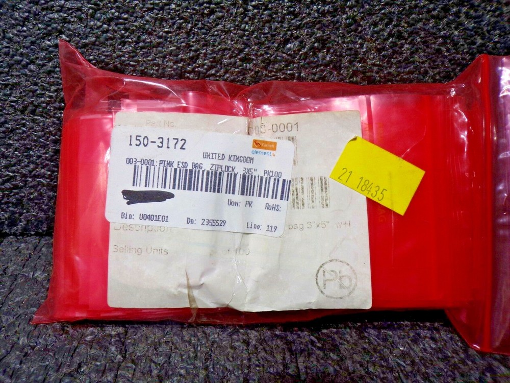 Anti Static Bag, Shielding, Polyethylene, 100pk, 3" x 5"(TS)