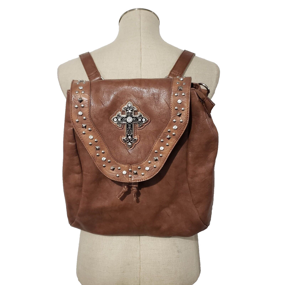 Brown Vegan Leather Backpack Rhinestone Cross Studded