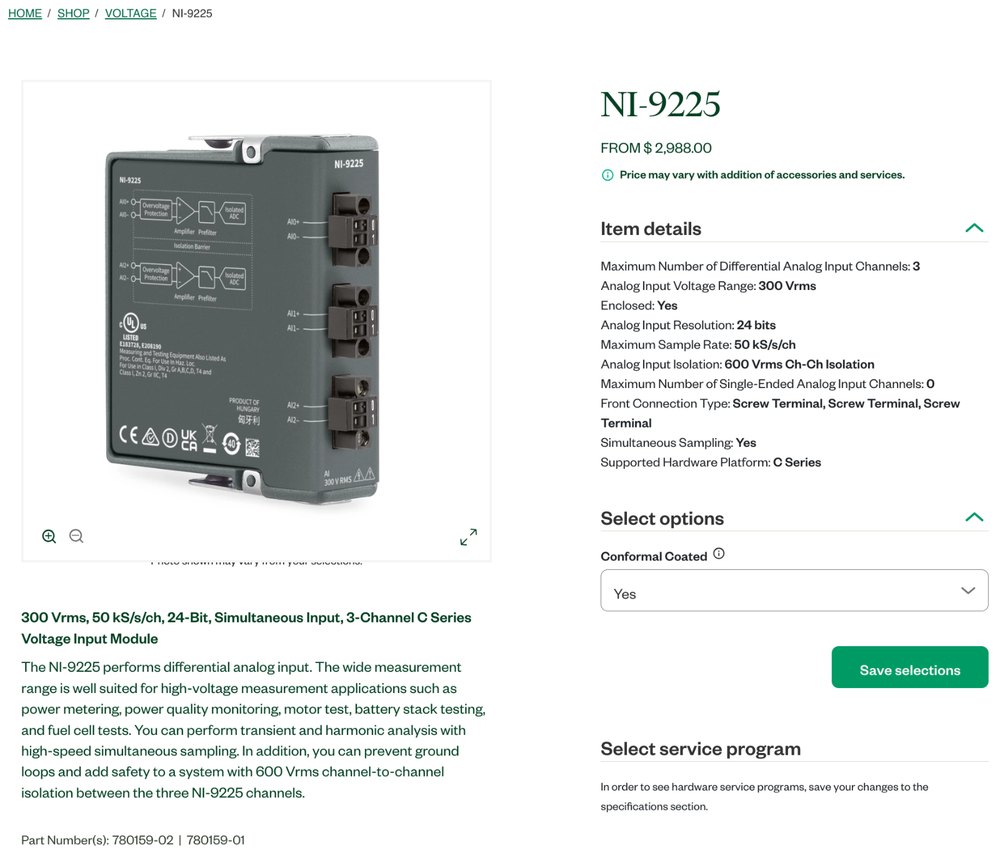 National Instruments NI-9225 Analog Input Module +/- 300Vrms 24bit
