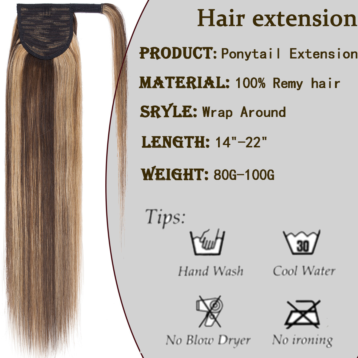 Real 100% Claw Wrap Around Ponytail Clip In Pony Tail Remy Human Hair Extensions