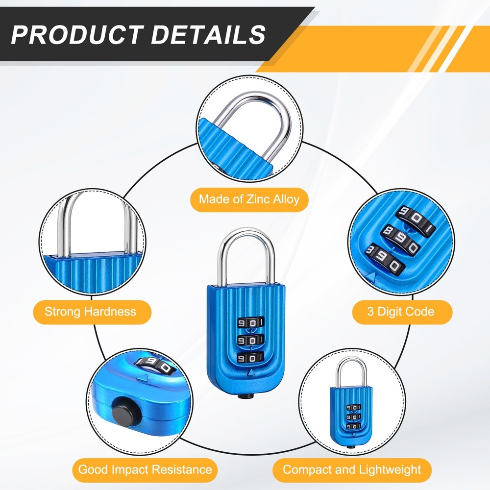 Resettable 3 Digit Combination Lock Code Padlock, Blue (65 x 30mm)