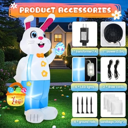 6FT Easter inflatables Bunny Outdoor Decorations LED Lighted Blow Up Rabbit